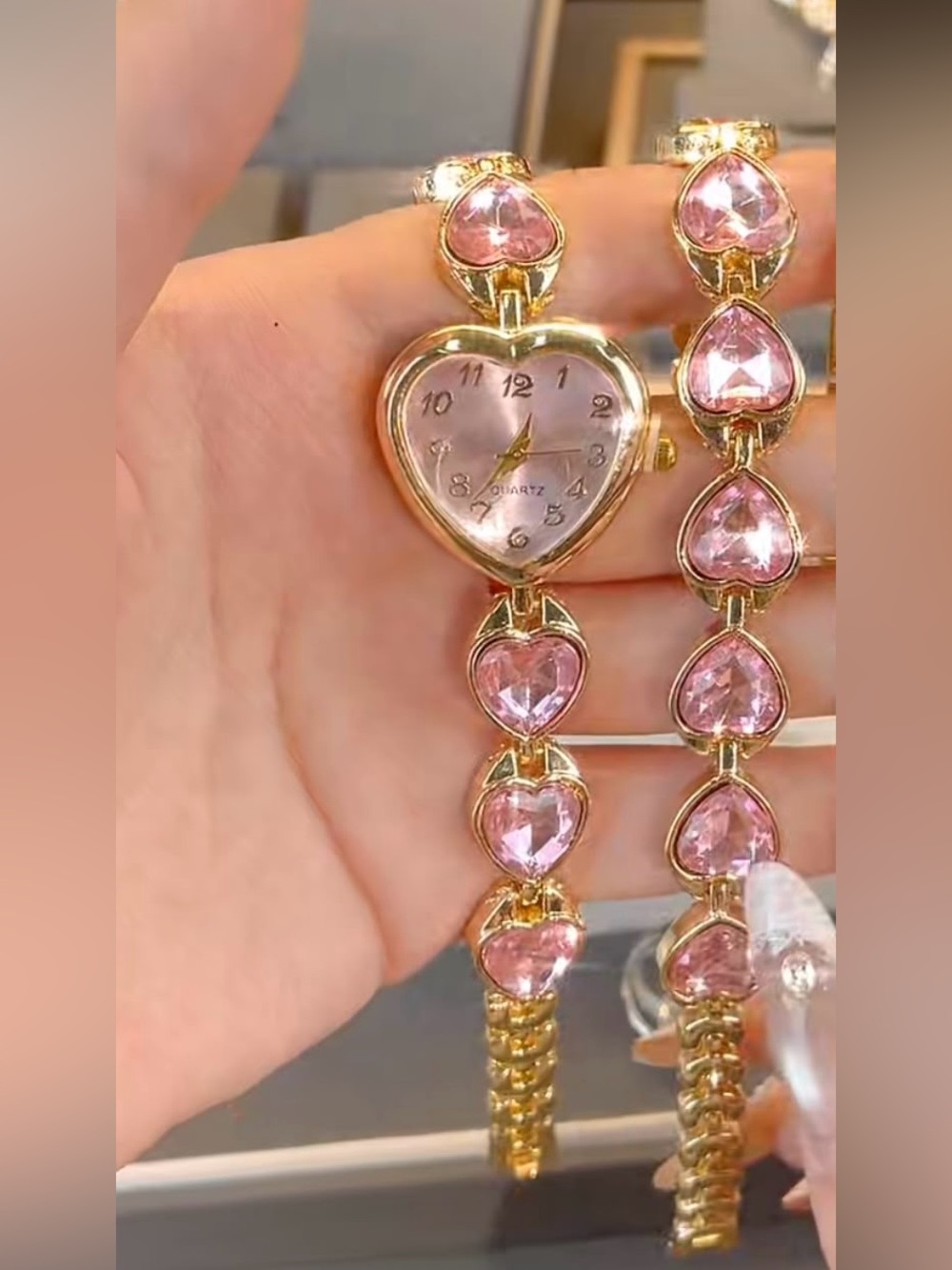 Gold-Tone Heart Watch and Matching Pink Crystal Bracelet